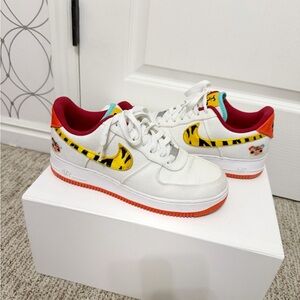 Nike White and Orange Sneakers with Tiger Print